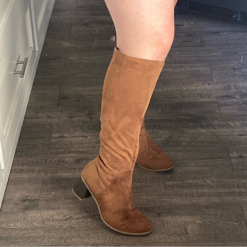 Tan orange rust suede knee high heeled boots